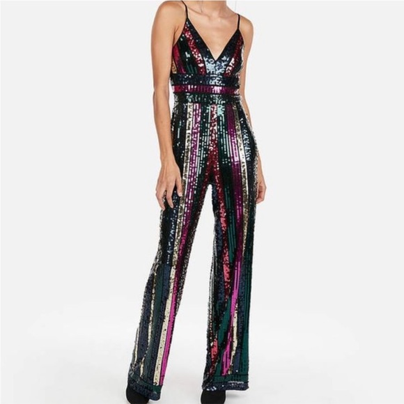 Express Pants & Jumpsuits Express Rainbow Sequin Jumpsuit Poshmark